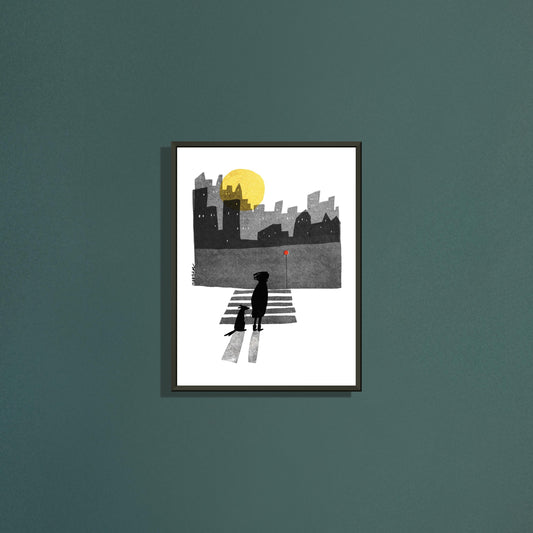 Across art print by Magda Brol in a black metal frame on a dark green wall