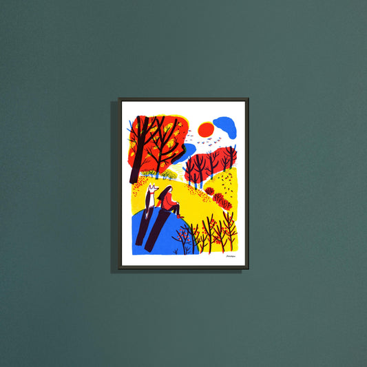 Autumn walk 1 art print by Magda Brol in a black metal frame on a dark green wall