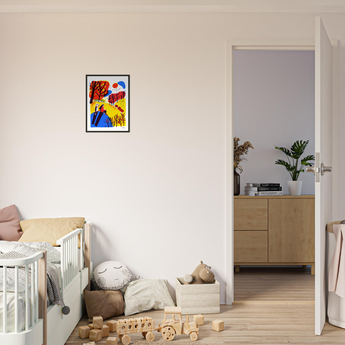 Autumn walk 1 art print by Magda Brol, 30 × 40 cm in a black metal frame, shown to scale in a children's room