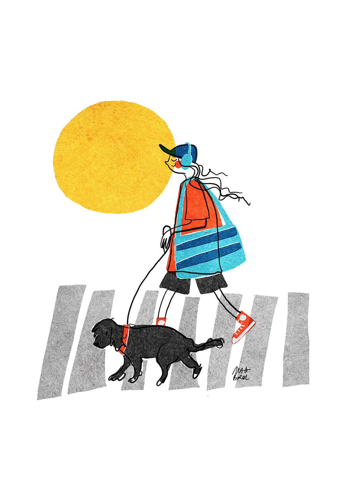 Drawing of a girl and her cockapoo dog, crossing a street
