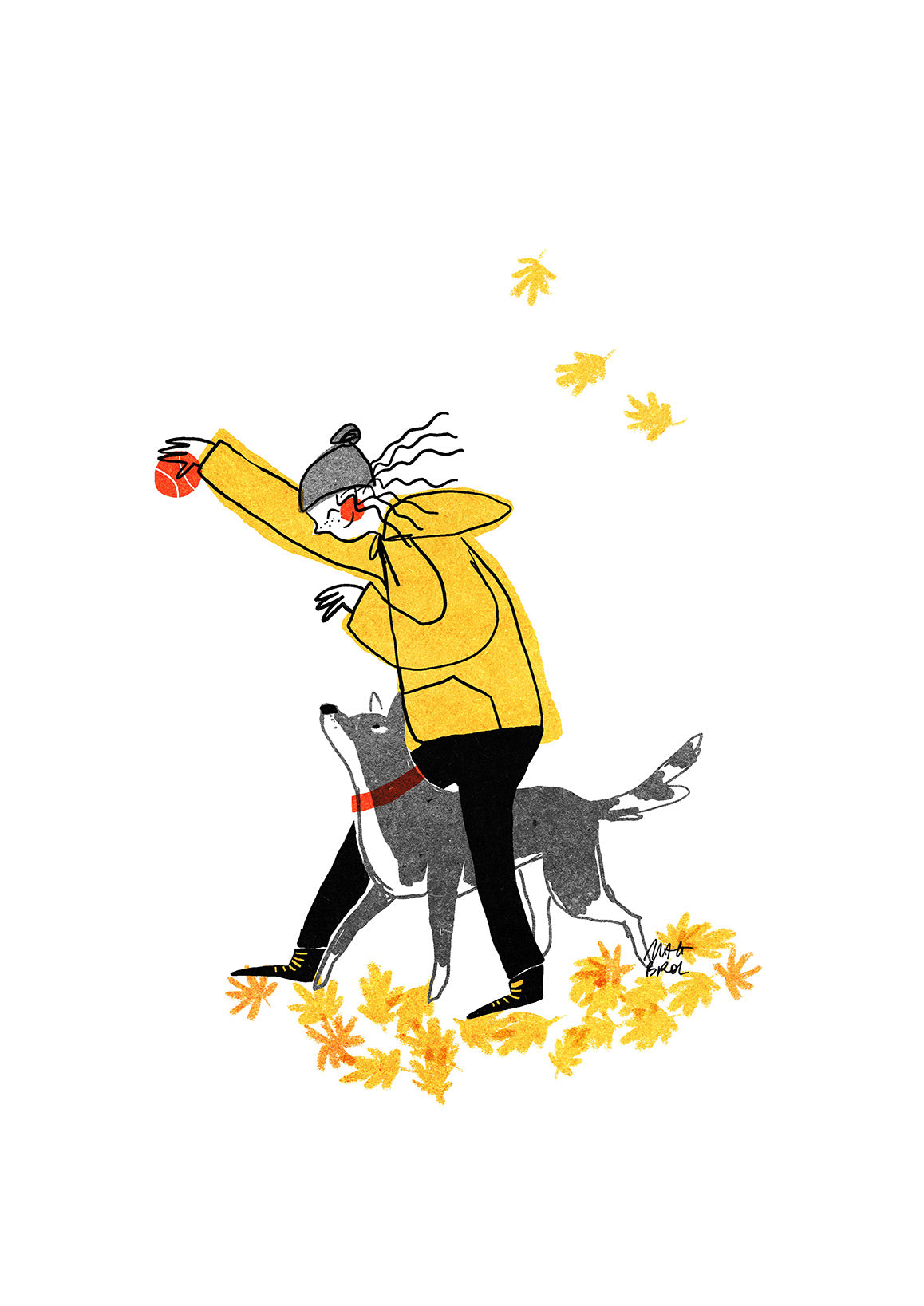 Drawing of a girl and her husky dog, playing with a ball