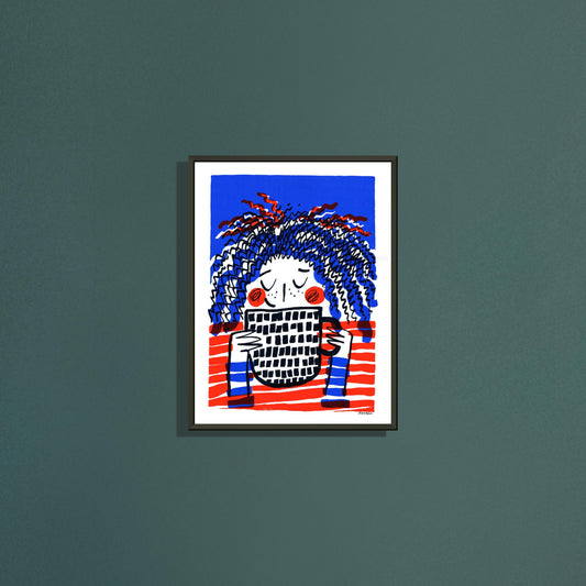 Cuppa art print by Magda Brol in a black metal frame on a dark green wall