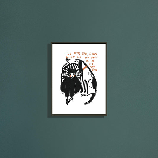 Find You art print by Magda Brol in a black metal frame on a dark green wall