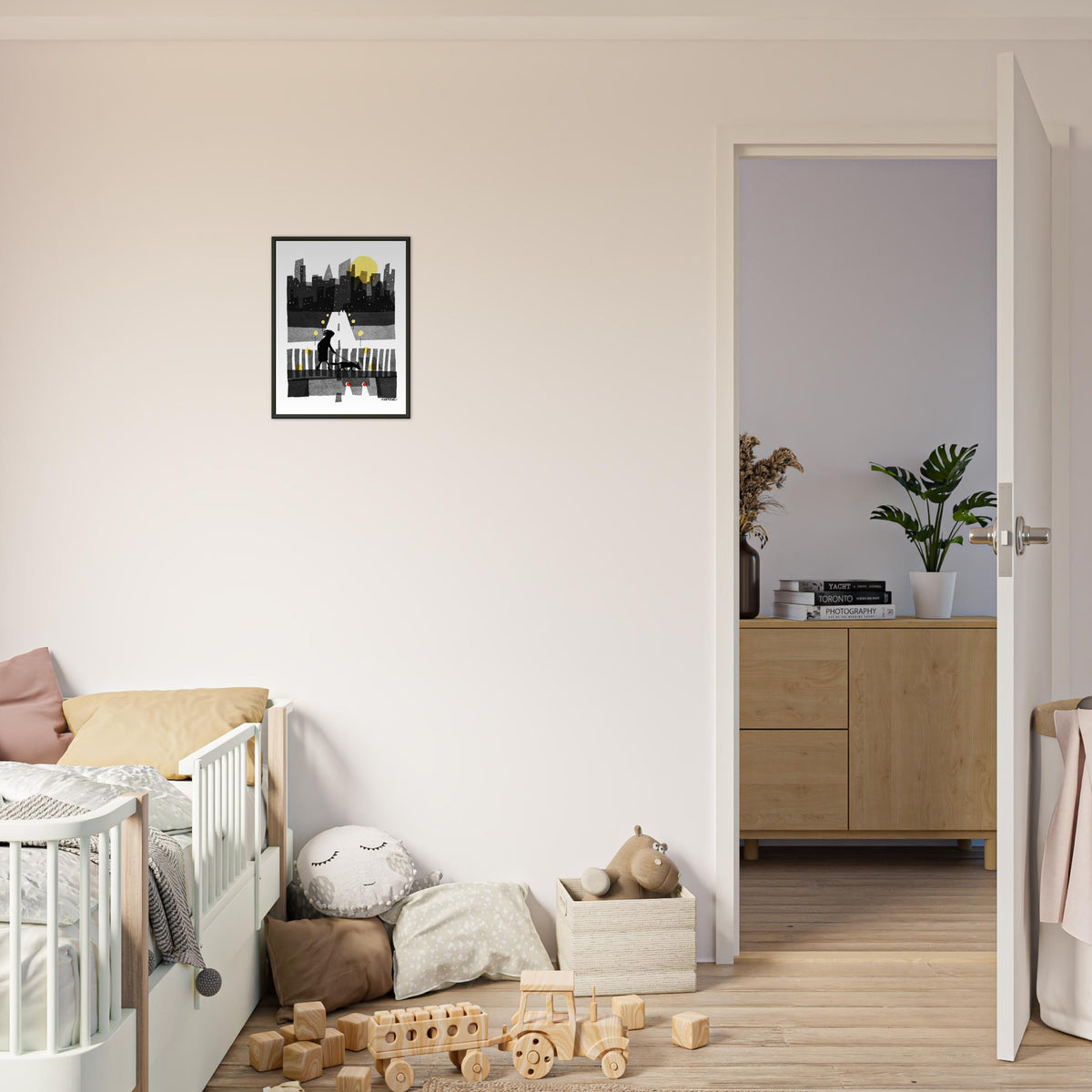 Over art print by Magda Brol, 30 × 40 cm in a black metal frame, shown to scale in a children's room