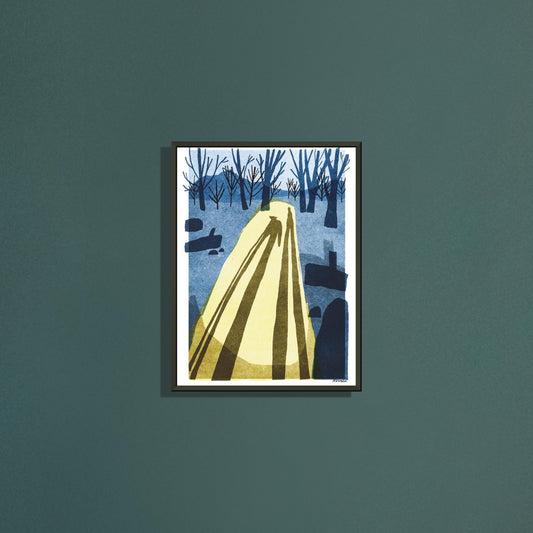 Winter shadow art print by Magda Brol in a black metal frame on a dark green wall