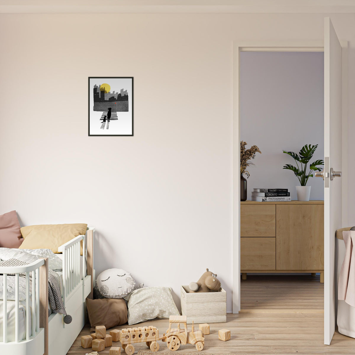 Across art print by Magda Brol, 30 × 40 cm in a black metal frame, shown to scale in a children's room