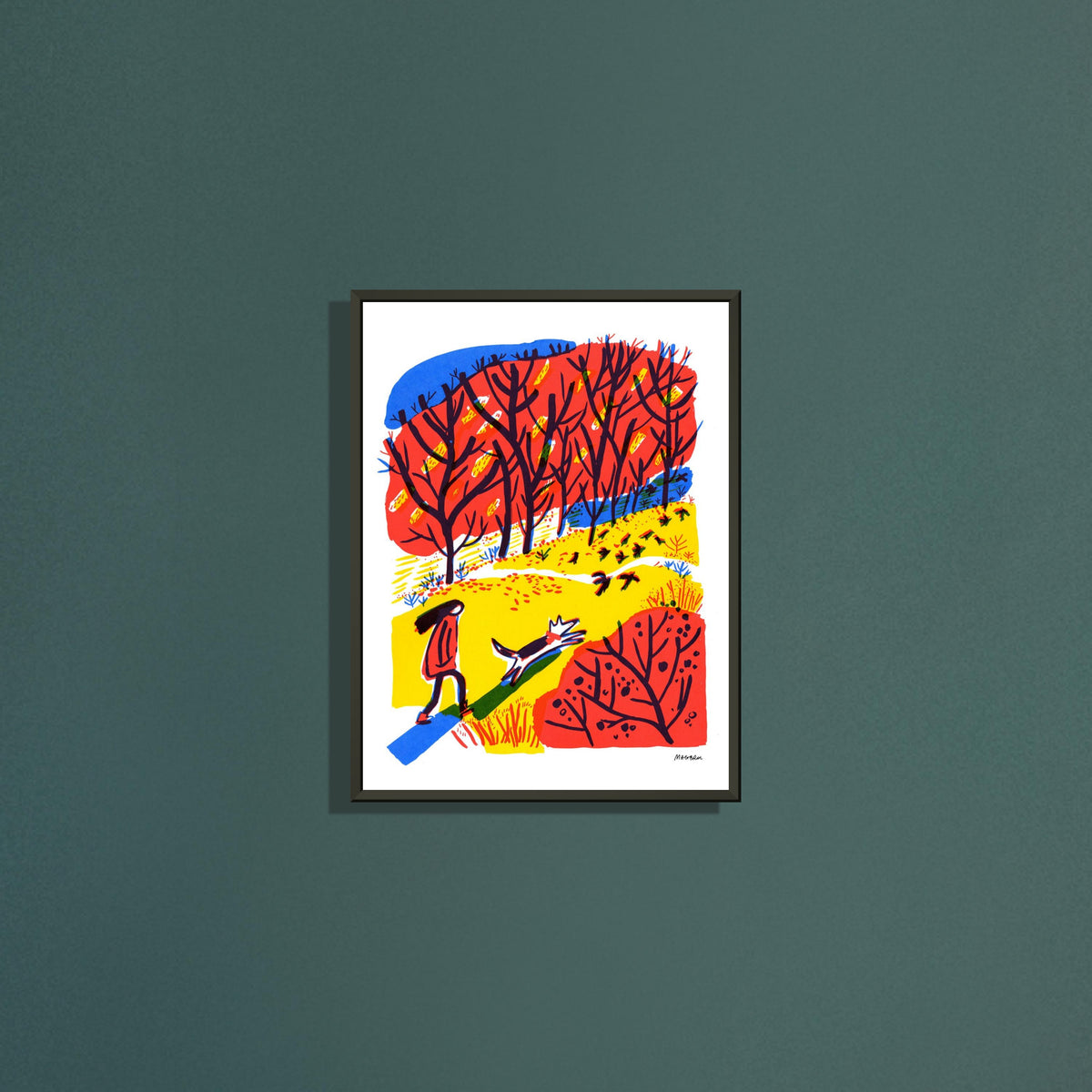 Autumn walk 2 art print by Magda Brol in a black metal frame on a dark green wall