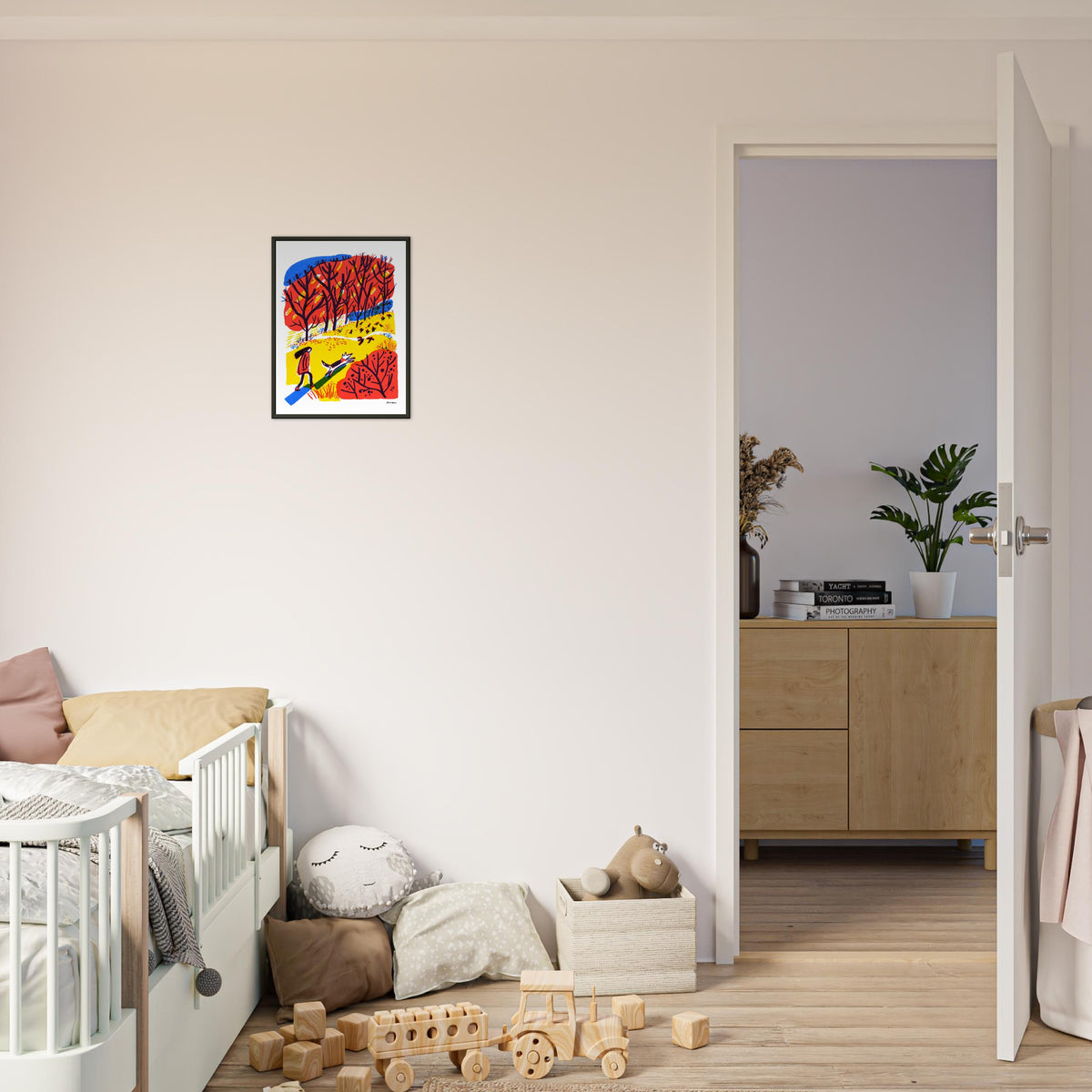 Autumn walk 2 art print by Magda Brol, 30 × 40 cm in a black metal frame, shown to scale in a children's room