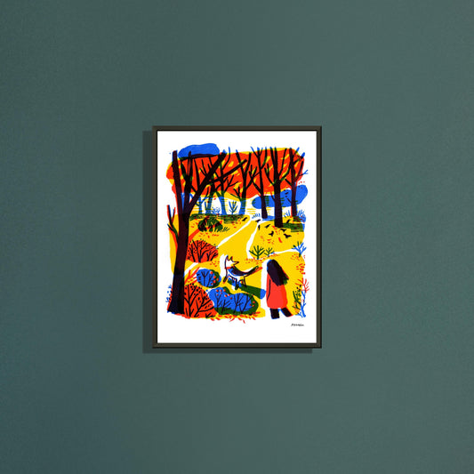 Autumn walk 3 art print by Magda Brol in a black metal frame on a dark green wall