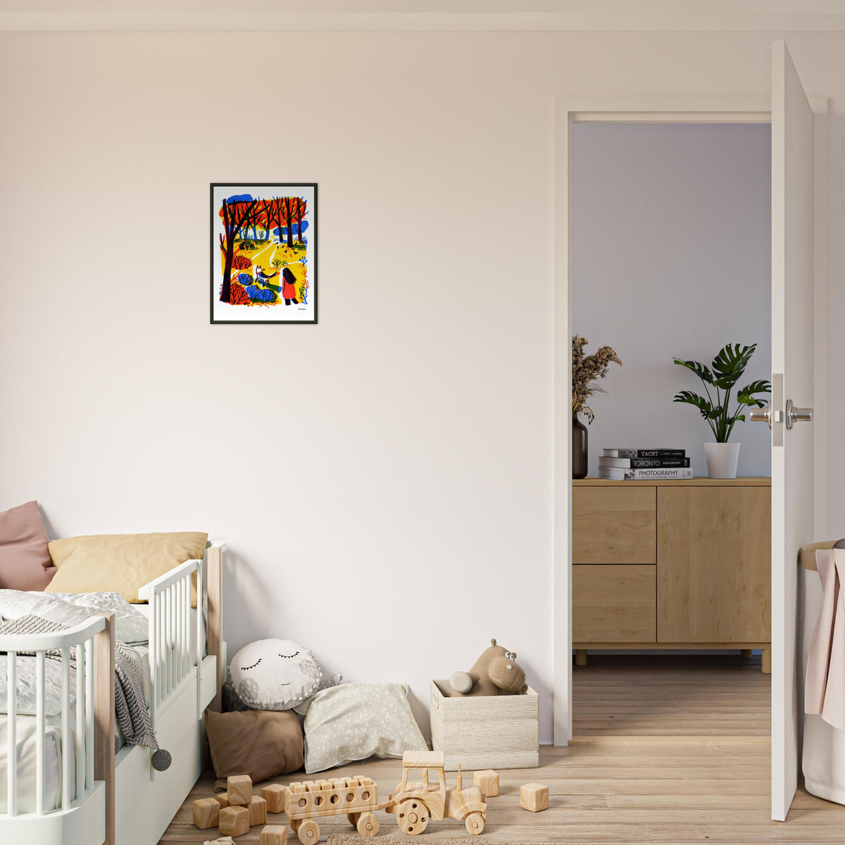 Autumn walk 3 art print by Magda Brol, 30 × 40 cm in a black metal frame, shown to scale in a children's room