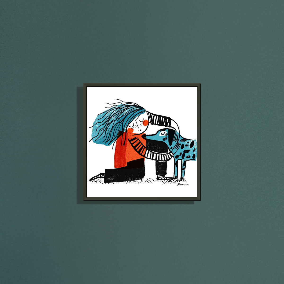 Chad square art print by Magda Brol in a black metal frame on a dark green wall