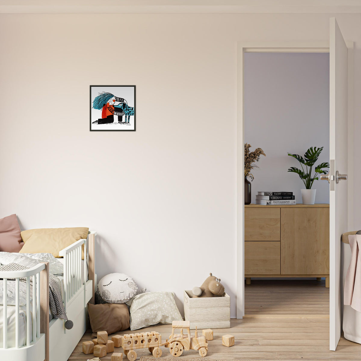Chad square art print by Magda Brol, 30 × 30 cm in a black metal frame, shown to scale in a children's room