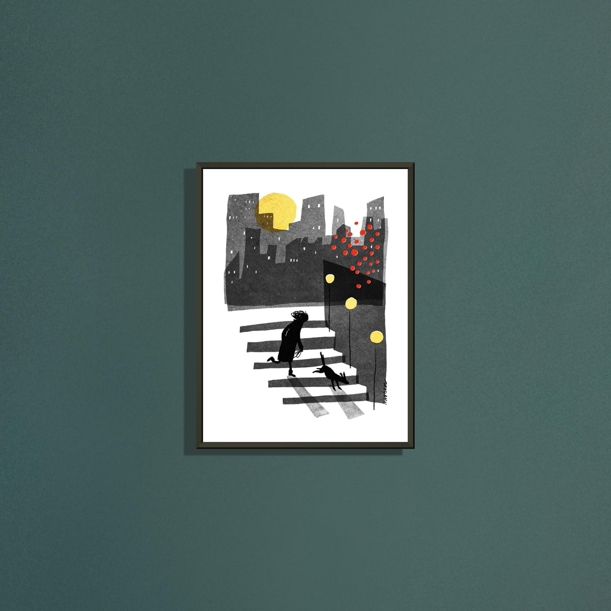 Down art print by Magda Brol in a black metal frame on a dark green wall