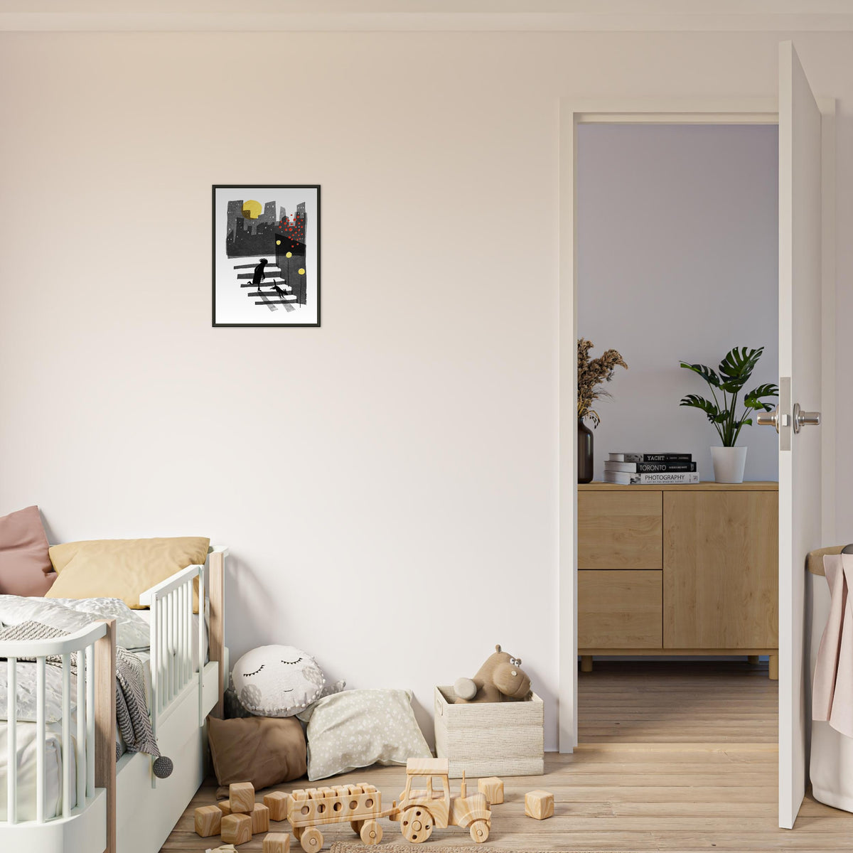 Down art print by Magda Brol, 30 × 40 cm in a black metal frame, shown to scale in a children's room