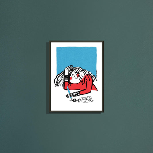 Dreamer at work art print by Magda Brol in a black metal frame on a dark green wall