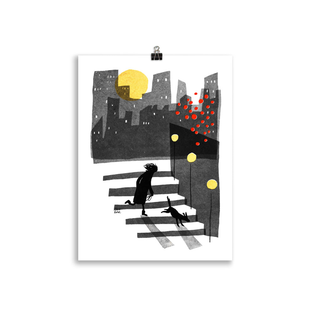 Down art print by Magda Brol: a woman and her dog walking down steps at night past red and yellow lights, under a yellow moon and city skyline, unframed print hanging from a clip