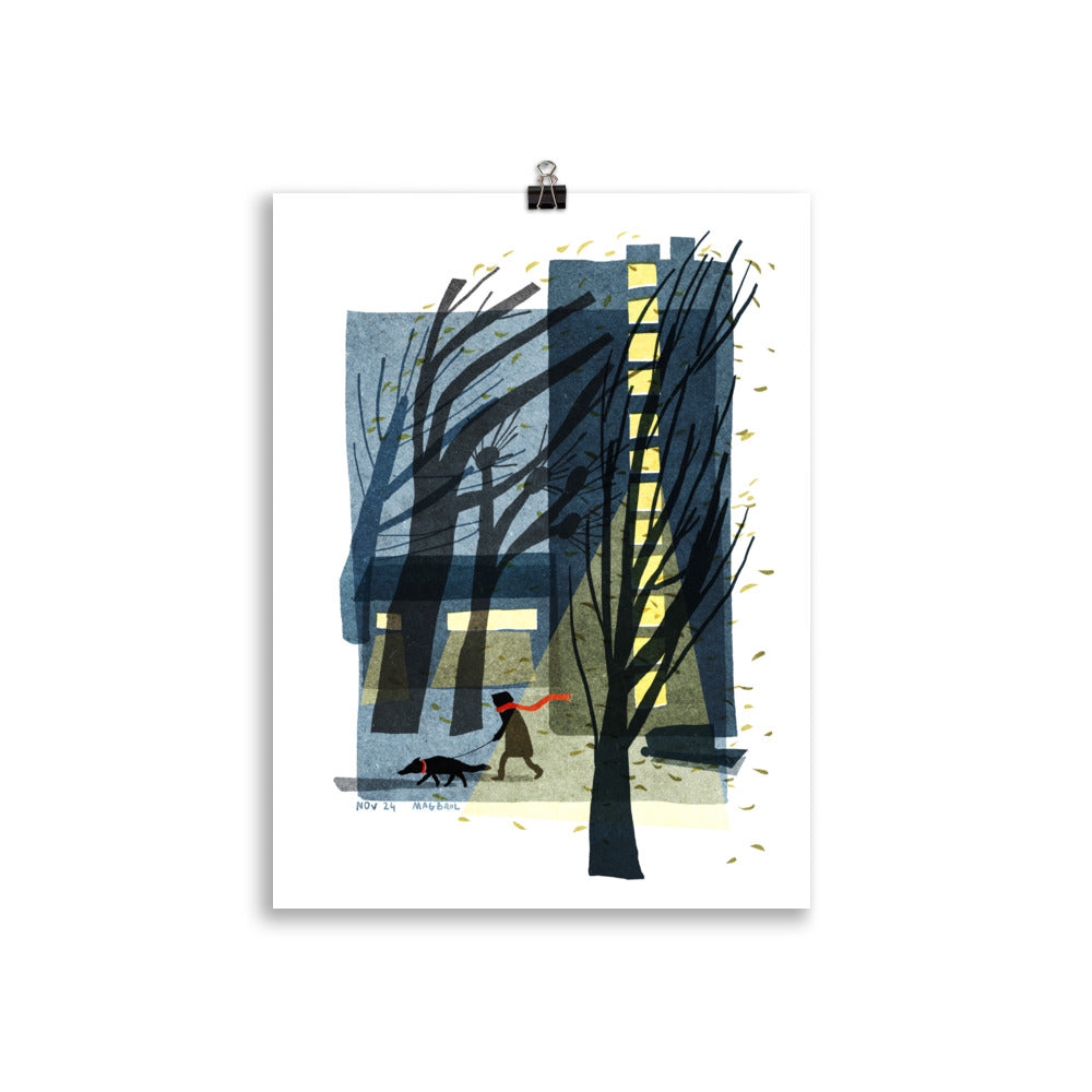 Windswept art print by Magda Brol: a woman walking her dog past dark windswept trees and a lit building on a stormy night in south London, smaller size, unframed print hanging from a clip