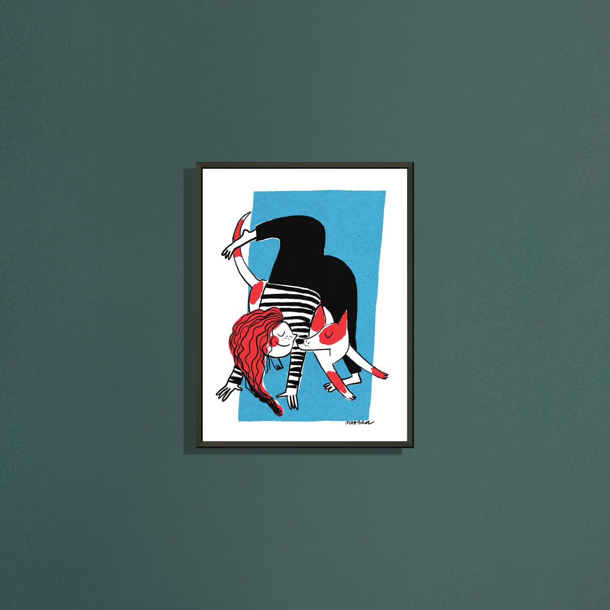 Face the dog art print by Magda Brol in a black metal frame on a dark green wall