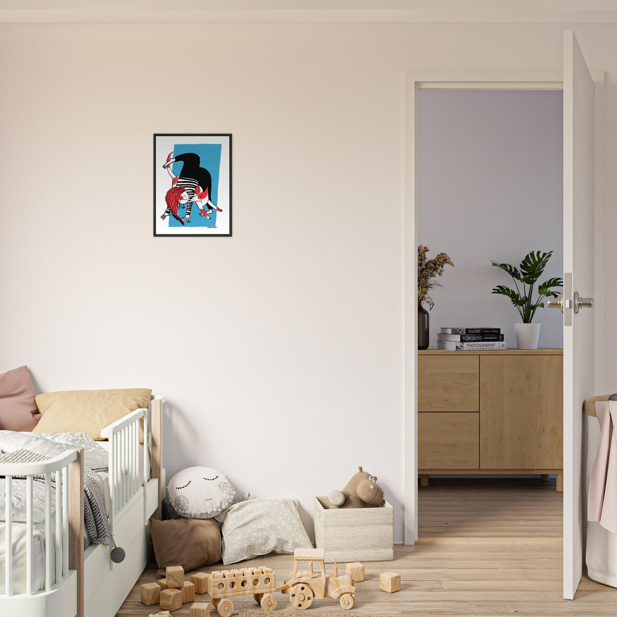 Face the dog art print by Magda Brol, 30 × 40 cm in a black metal frame, shown to scale in a children's room