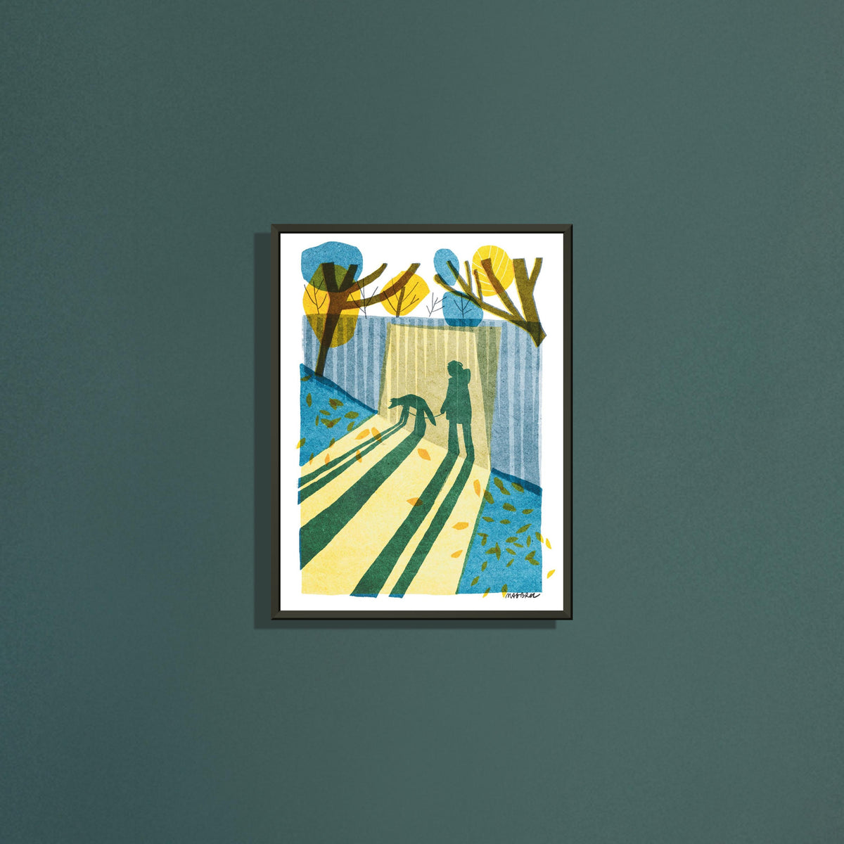 Morning shadow art print by Magda Brol in a black metal frame on a dark green wall
