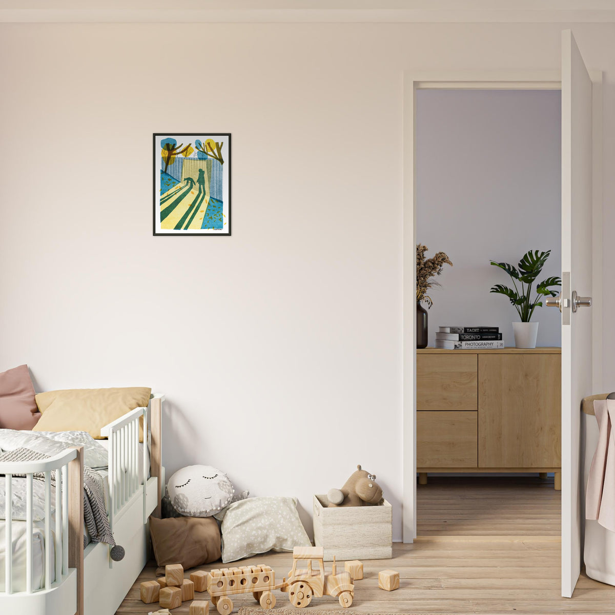 Morning shadow art print by Magda Brol, 30 × 40 cm in a black metal frame, shown to scale in a children's room
