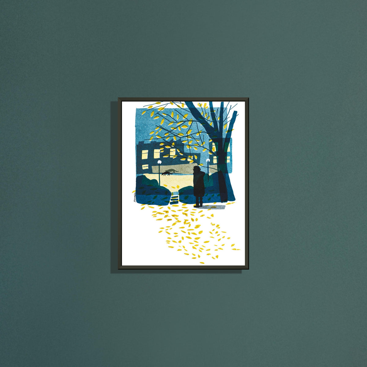 November walk art print by Magda Brol in a black metal frame on a dark green wall