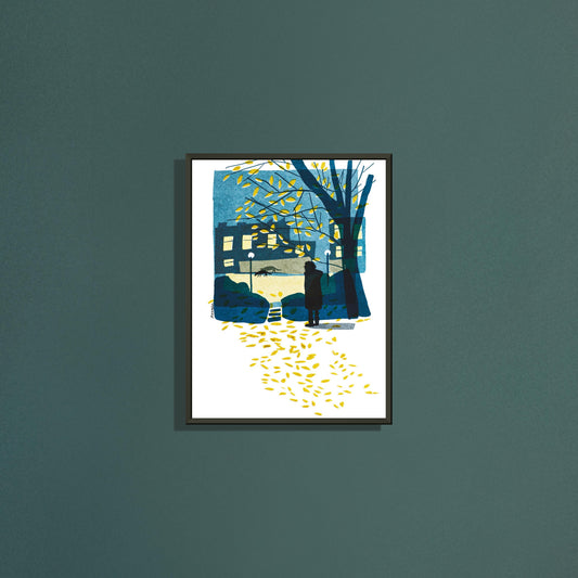 November walk art print by Magda Brol in a black metal frame on a dark green wall