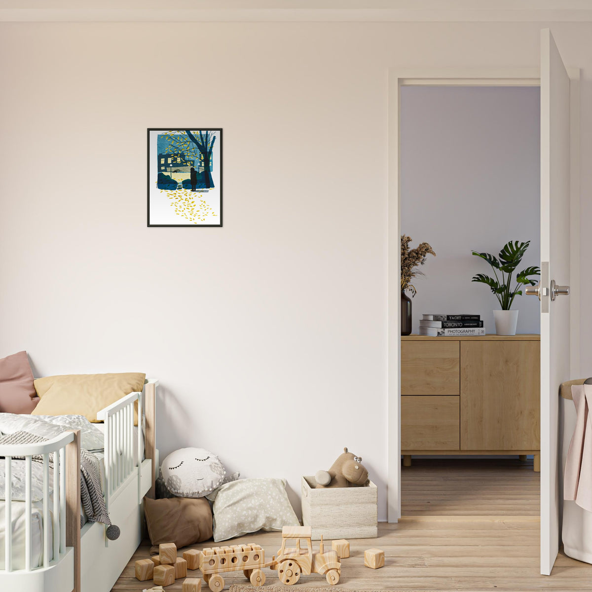 November walk art print by Magda Brol, 30 × 40 cm in a black metal frame, shown to scale in a children's room