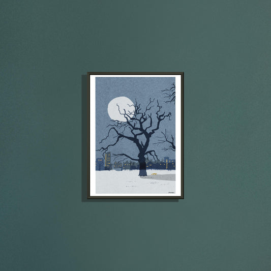 Old Oak art print by Magda Brol in a black metal frame on a dark green wall