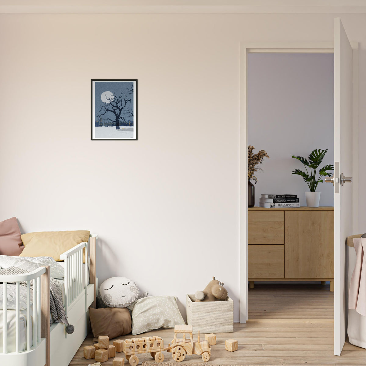 Old Oak art print by Magda Brol, 30 × 40 cm in a black metal frame, shown to scale in a children's room