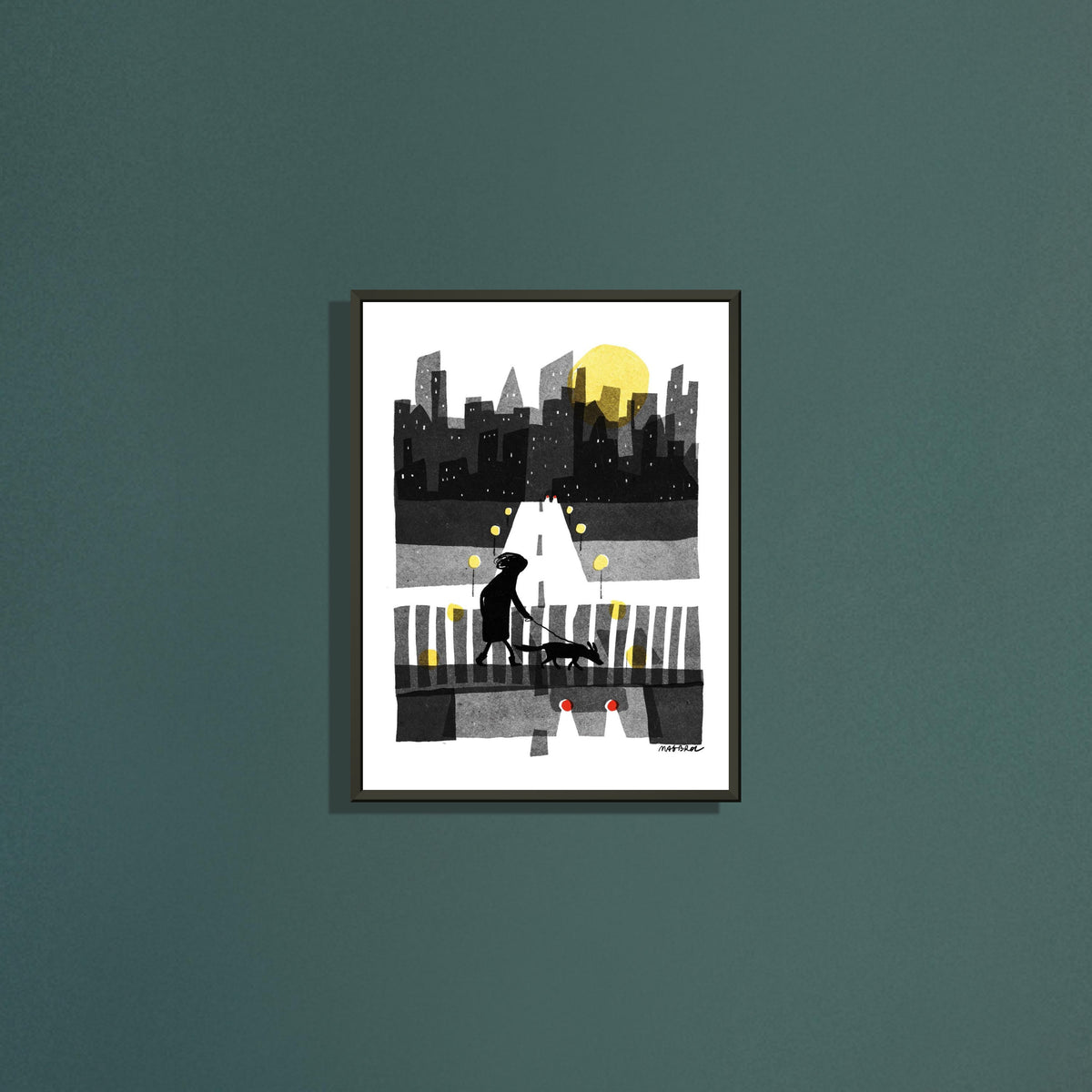 Over art print by Magda Brol in a black metal frame on a dark green wall