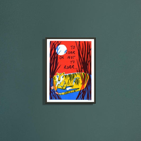 Roar art print by Magda Brol in a black metal frame on a dark green wall