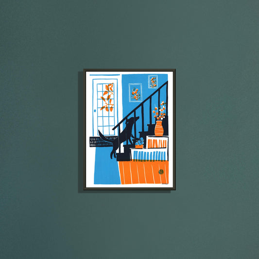 Stairgazing art print by Magda Brol in a black metal frame on a dark green wall