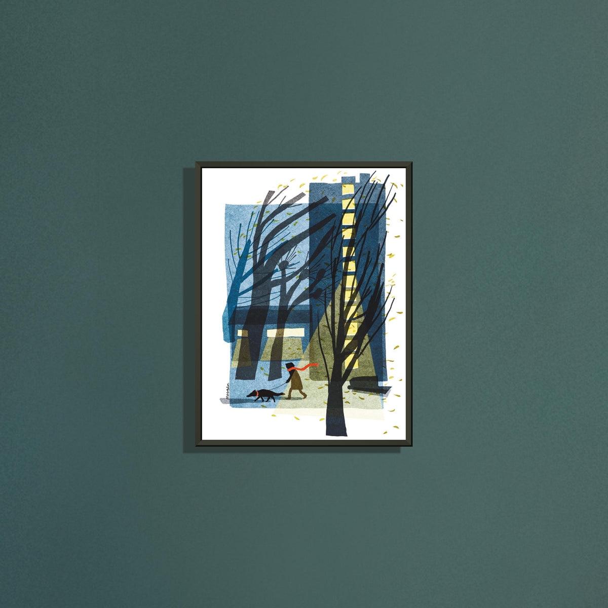 Windswept art print by Magda Brol in a black metal frame on a dark green wall