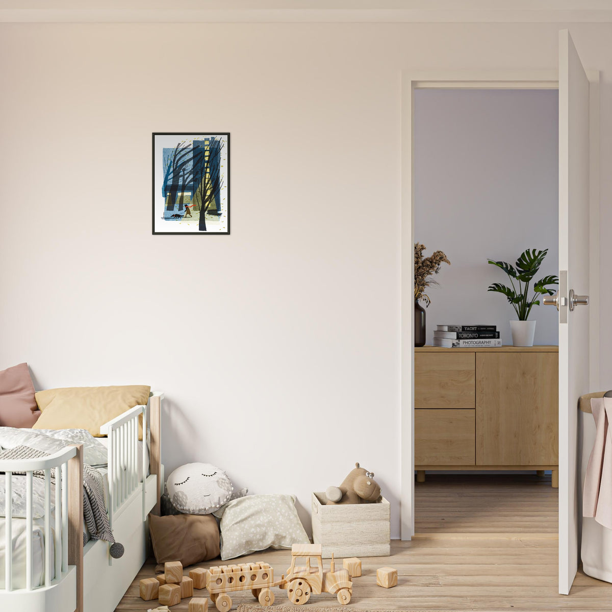 Windswept art print by Magda Brol, 30 × 40 cm in a black metal frame, shown to scale in a children's room