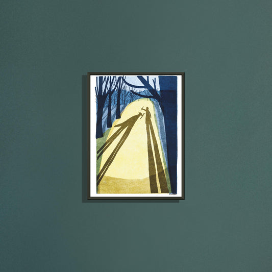 Winter shadow 2 art print by Magda Brol in a black metal frame on a dark green wall