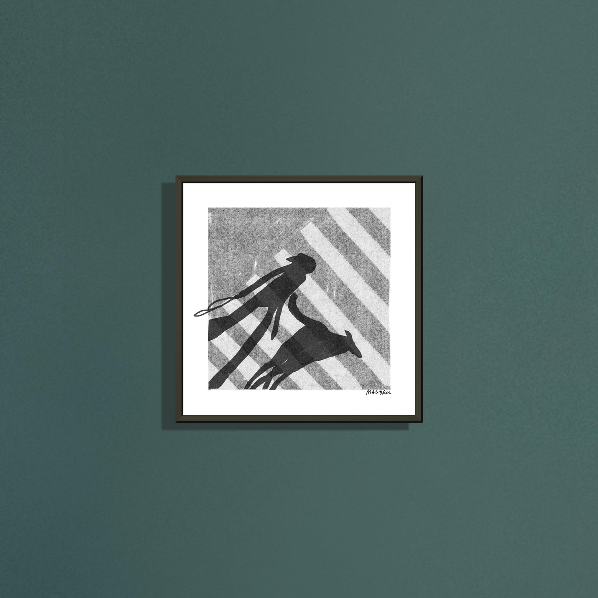 Zebra square art print by Magda Brol in a black metal frame on a dark green wall