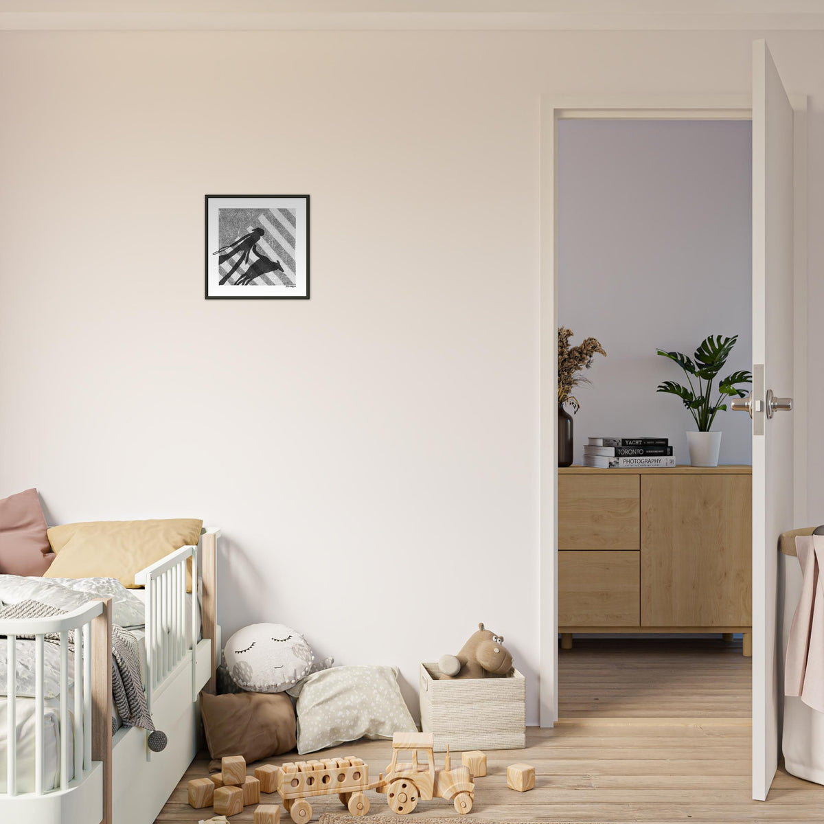 Zebra square art print by Magda Brol, 30 × 30 cm in a black metal frame, shown to scale in a children's room